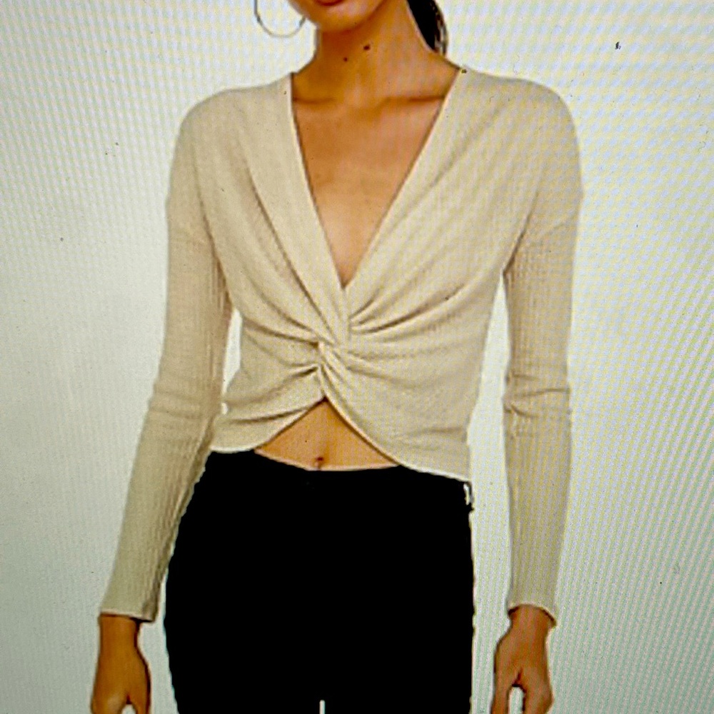 Express One Eleven; waffle knit twist tee; cream colored; size M